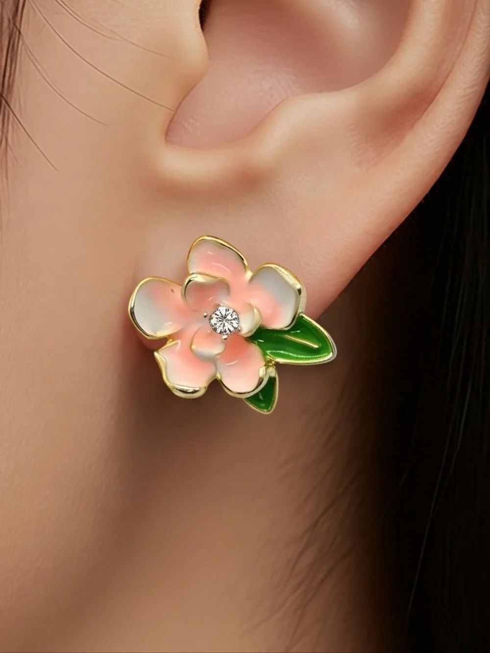 Pink Camellia Floral Earrings Tea Flower Enamel Gold-tone Pierced Ear Jewelry